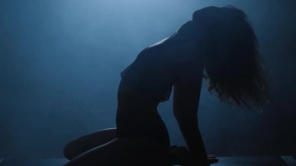 Siluet seorang gadis seksi menari tarian erotis sensual dalam asap biru. — Stok Video