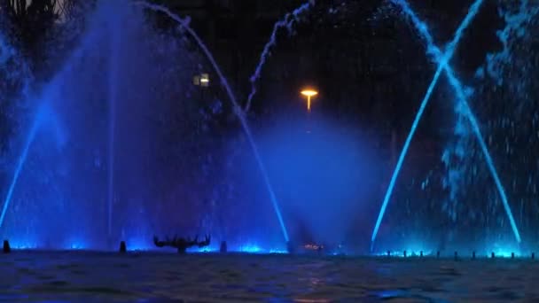 Belle fontaine colorée dans la ville de nuit. — Video
