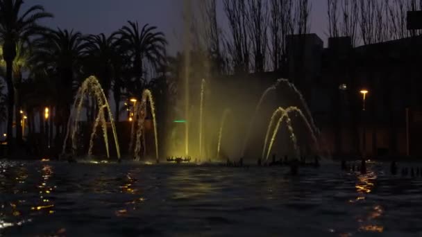 Belle Fontaine Colorée Dans Ville Nuit — Video