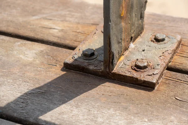 Corrosive Rusty Bolt Close Wood Metal Susceptible Rust — Fotografia de Stock