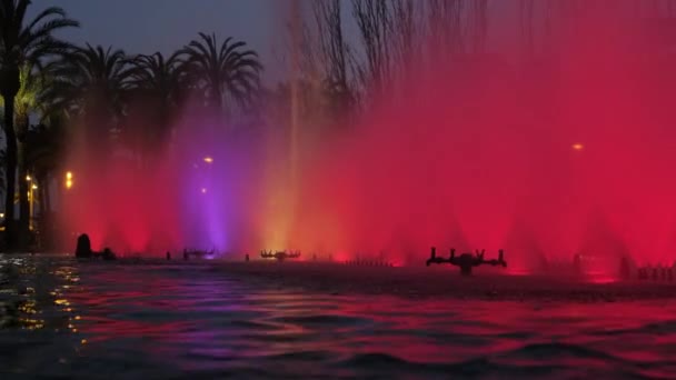 Belle Fontaine Colorée Dans Ville Nuit — Video