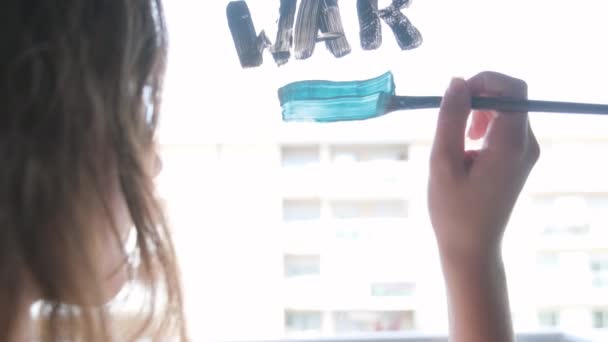 Child Writes Window Stop War Brush Watercolor Paint — Wideo stockowe