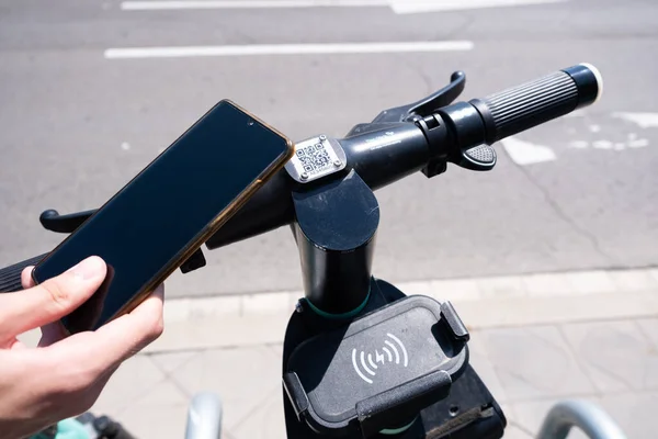 Tarragona Spain June 2022 Steering Wheel Code Renting Electric Scooter — Zdjęcie stockowe