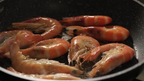 Cocinar Camarones Grandes Una Cáscara Una Sartén Cerca — Vídeo de stock