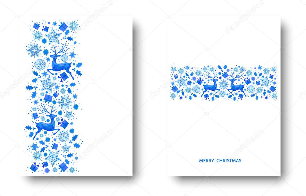 Christmas blue pattern. Happy New Year background. Xmas  reindeer, gifts,  snowflakes. Vector decoration for greeting  card.
