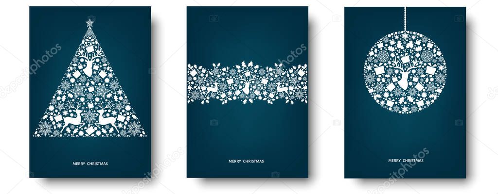 Christmas tree, ball with  white  holiday pattern from snowflakes, xmas elements and decorations. Vector New Year blue background  for greeting card, invitation.