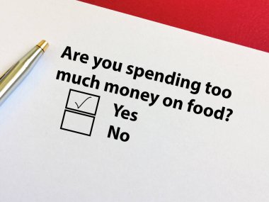 Bir kişi soruya cevap veriyor. Yiyeceğe çok para harcadığını düşünüyor..