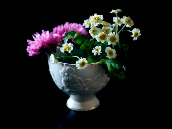 Beautiful Little Bouquet Purple Asters Flowers Similar Chamomile Cup Table — Stock Photo, Image