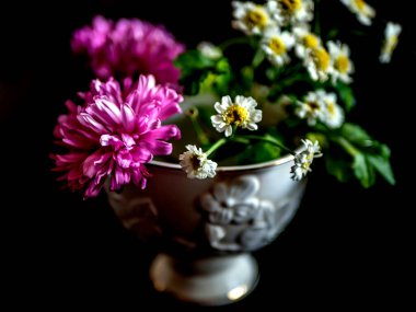 Güzel, küçük bir demet mor aster ve çiçek. Koyu bir arka plandaki bir masada, bir fincan papatya çayı gibi. Dar bir odak noktası, yumuşak bir odak noktası.