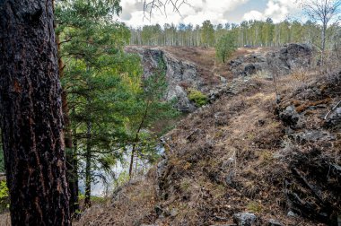 Rusya 'nın Güney Urallar şehrinin Chelyabinsk kenti yakınlarındaki Balandino köyü yakınlarındaki Miass Nehri' nin dik orman kıyıları.