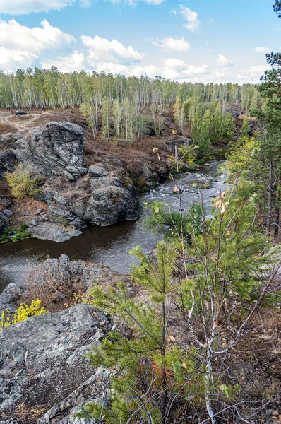 Rusya 'nın Güney Urallar şehrinin Chelyabinsk kenti yakınlarındaki Balandino köyü yakınlarındaki Miass Nehri' nin dik orman kıyıları.