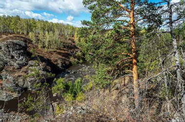 Rusya 'nın Güney Urallar şehrinin Chelyabinsk kenti yakınlarındaki Balandino köyü yakınlarındaki Miass Nehri' nin dik orman kıyıları.