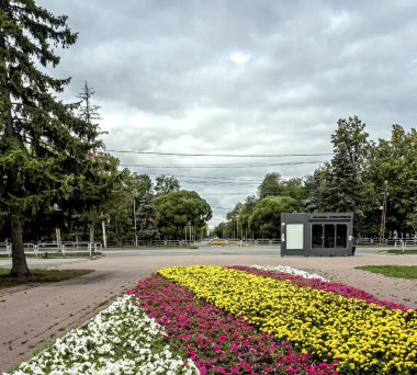 Sonbaharın başlarında şehirde çok renkli çiçek tarhı, metalürji bölgesi, Chelyabinsk, Ural, Rusya