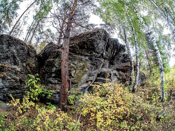 Basalt Βράχους Στις Όχθες Του Ποταμού Miass Κοντά Στο Χωριό — Φωτογραφία Αρχείου