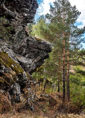 Balandino köyü yakınlarındaki Miass Nehri kıyısındaki bazalt kayaları kayalıklarda küçük mağaralar, Güney Urallar, Rusya