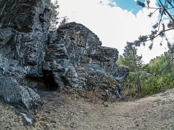 Caves Basalt Rocks Banks Miass River Village Balandino Southern Urals — Stock Photo, Image