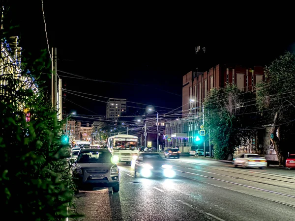 Nachtstad Herfst Het Centrum Buurt Van Het Kamertheater Trams Auto — Stockfoto