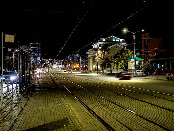 Spårvagn Skenor Som Går Till Natten Stad Höst Kirova Street — Stockfoto