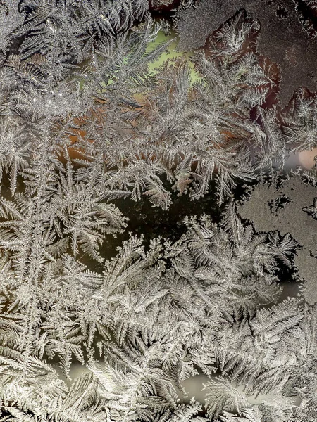 Морозний Натуральний Візерунок Зимовому Вікні Текстура Морозних Візерунків Дендритна Структура — стокове фото
