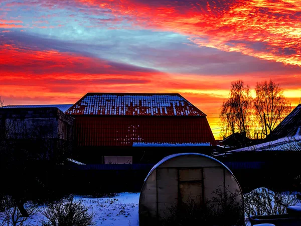 Vista Brillante Atardecer Invierno Rojo Azul Campo —  Fotos de Stock