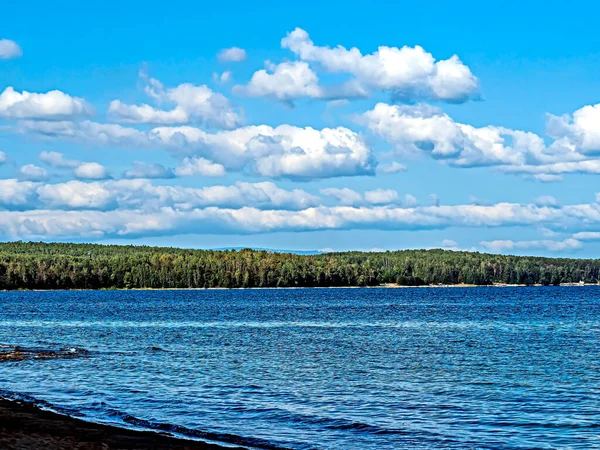 Panorama Blue Sky White Cumulus Clouds Morning Lake Southern Urals — Stock Photo, Image