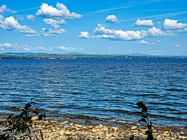 Panorama Blue Sky White Cumulus Clouds Morning Lake Southern Urals — Stock Photo, Image