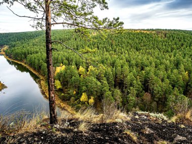 Bulutlu bir günde Ai nehrinin kıyısındaki Ai pritesy bölgesinden sonbahar manzarası