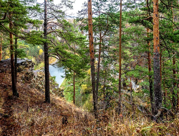 Kayalık nehir kıyısından sonbahar manzarası — Stok fotoğraf