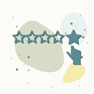 Müşteri geribildiriminin vektör simgesi. Müşterinin eli yıldız işaretine tıklıyor. Çok renkli arka planda müşteri değerlendirmesi. Kolayca düzenlemek için katmanlar gruplandırıldı. Tasarımın için..