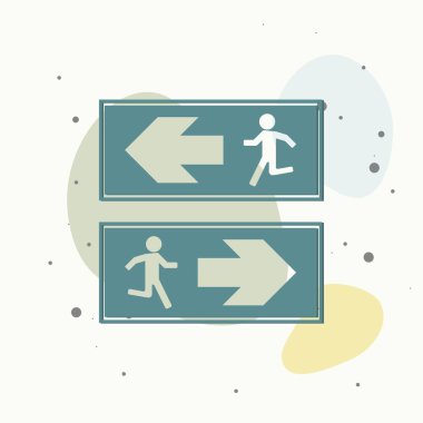 Yangın tehlikesi. Tahliye vektör ikonu rotası. Tahliye ikonu. Çok renkli arka planda acil çıkış. Kolayca düzenlemek için katmanlar gruplandırıldı. Tasarımın için..