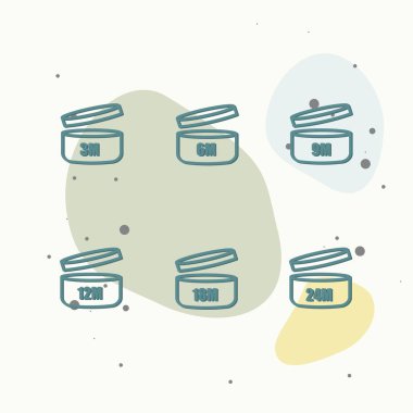 Açılıştan sonra ürünün periyodunu belirten simge kümeleri. Paketi çok renkli arkaplanda açtıktan sonra son kullanma tarihi. Kolayca düzenlemek için katmanlar gruplandırıldı. Tasarımın için..