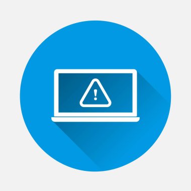 Mavi arkaplandaki bilgisayar monitörü simgesinde hata. Uzun gölgeli düz bir görüntü. Kolayca düzenlemek için katmanlar gruplandırıldı. Tasarımın için..