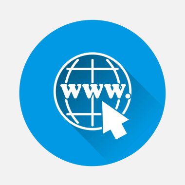 Mavi arkaplanda internet simgesi. Uzun gölgeli düz bir görüntü. Kolayca düzenlemek için katmanlar gruplandırıldı. Tasarımın için..