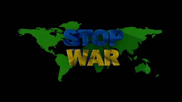 La inscripción Stop War en los colores de la bandera de Ucrania, en el fondo del país del mundo, la tierra 3d representación —  Fotos de Stock