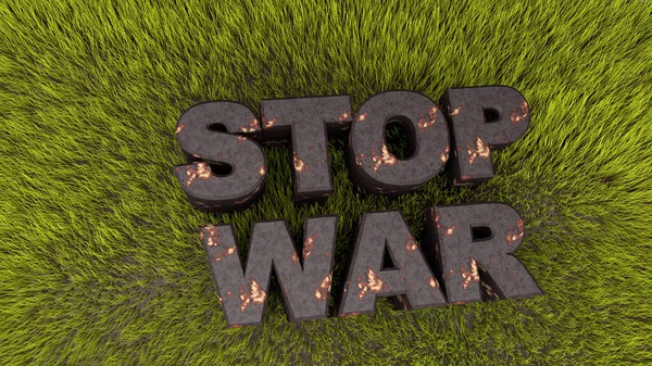 La inscripción en letras oxidadas Stop War sobre hierba verde. Agresión rusa 3d representación —  Fotos de Stock