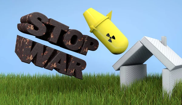 Напис іржавими літерами "Зупиніть війну на зеленій траві і білому домі". Російська агресія 3d рендеринга — стокове фото