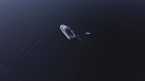 Boat Picks Surfer Hydrofoil Water Evening Light Birds Eye View — Stockvideo