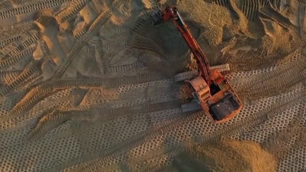 Excavator Work Leveling Surface Sand Construction Site Top View High — Stock Video