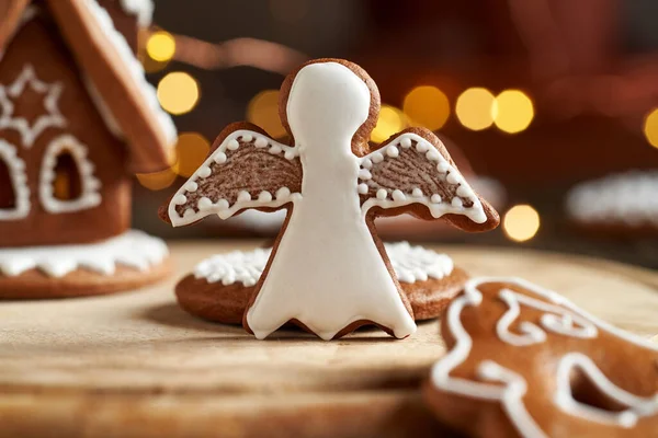 Homemade Christmas Gingerbread Cookie Figure Angel Pastry House Backgroud — Stock Photo, Image