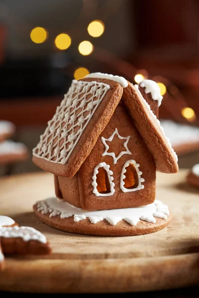 Christmas Gingerbread House Bokeh Lights Background Selective Focus — Stock Photo, Image