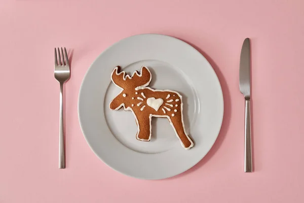 Handgemaakt Peperkoek Kerstkoekje Vorm Van Een Eland Een Witte Plaat — Stockfoto