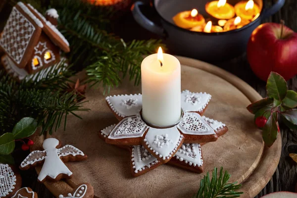 Gingerbread Candlestick Apples Wintergreen Fir Homemade Christmas Cookies — Stock Photo, Image