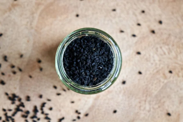 Black Cumin Seeds Glass Jar Healthy Nutritional Supplement — Stock fotografie