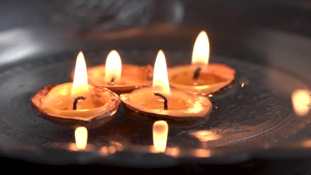 Closeup Christmas Candles Made Walnut Shells Beeswax Floating Plate Water — Stock Video