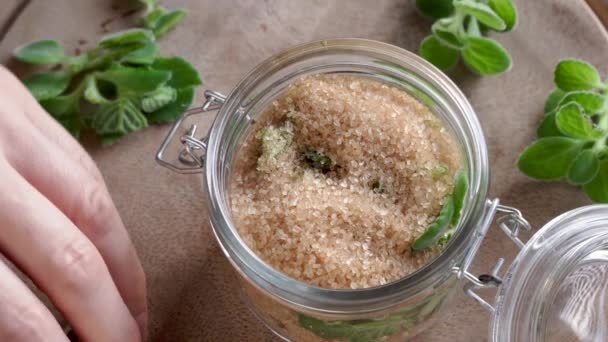 Filling Glass Jar Cut Silver Spurflower Plant Cane Sugar Preparation — Stockvideo