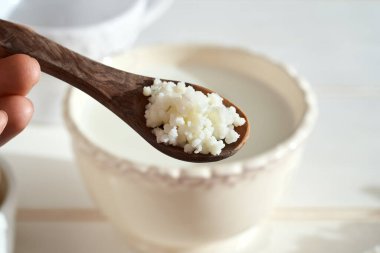 Bir kâse sütün üstündeki kaşıkta taze kefir taneleri. Ev yapımı mayalanmış bir içecek.