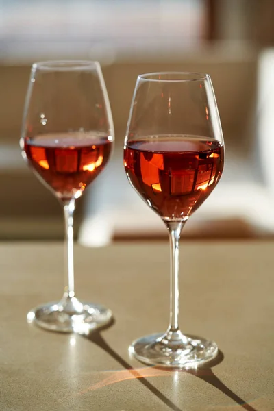 Two Glasses Still Rose Wine Table Indoors — Stock Photo, Image