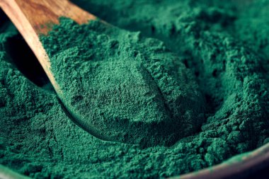 Tahta kaşıkta yeşil spirulina alg tozu.