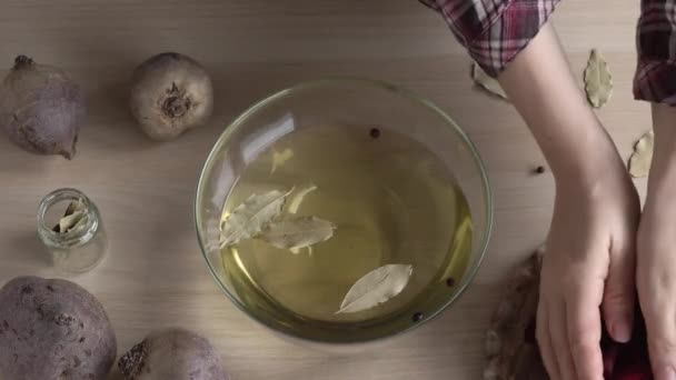 Preparation Beet Kvass Putting Peeled Sliced Beetroot Brine Spices — Stock Video