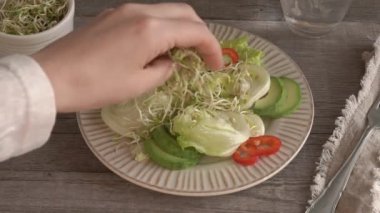 Sebze salatasına taze çınar filizleri koyarak.